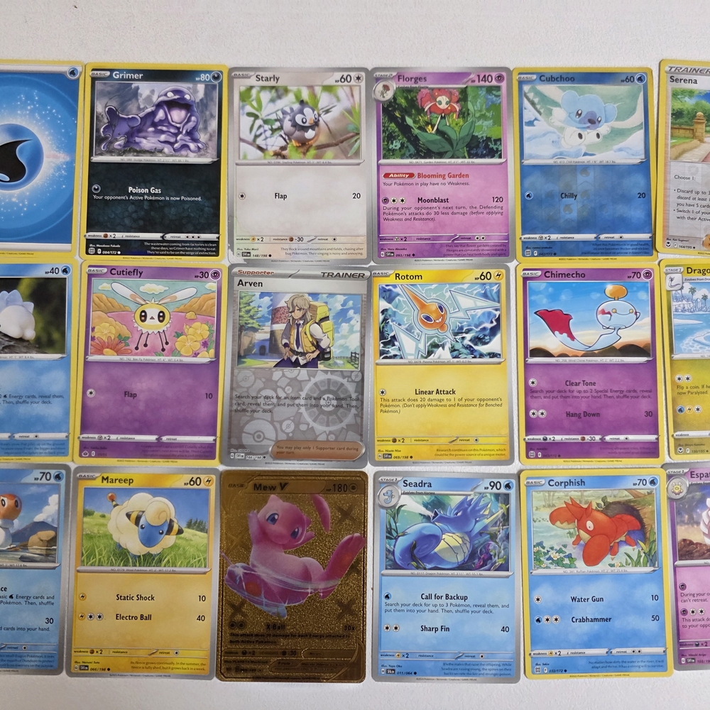 Pokemon Trading Card Collection - Blue, Yellow, Purple And Mew V GOLD cards